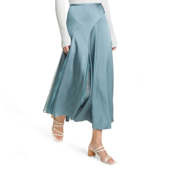 Vince Satin Midi Skirt 4 Pleated Mixed Media Asymmetrical - Picture 1 of 16